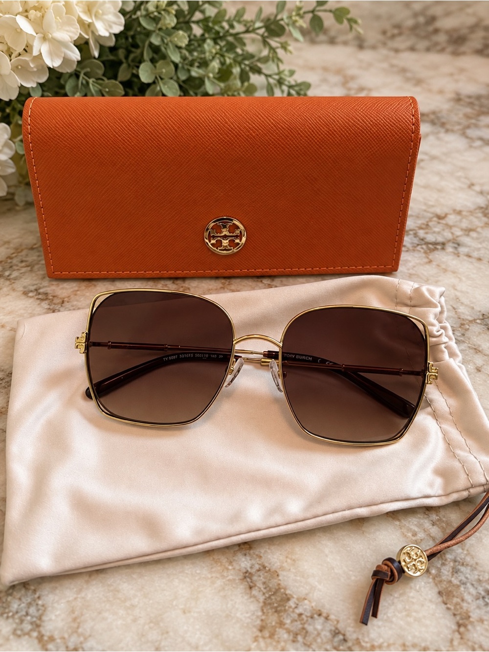 Tory Burch Gold Frame Sunglasses with Brown Gradient Lenses and Orange Case